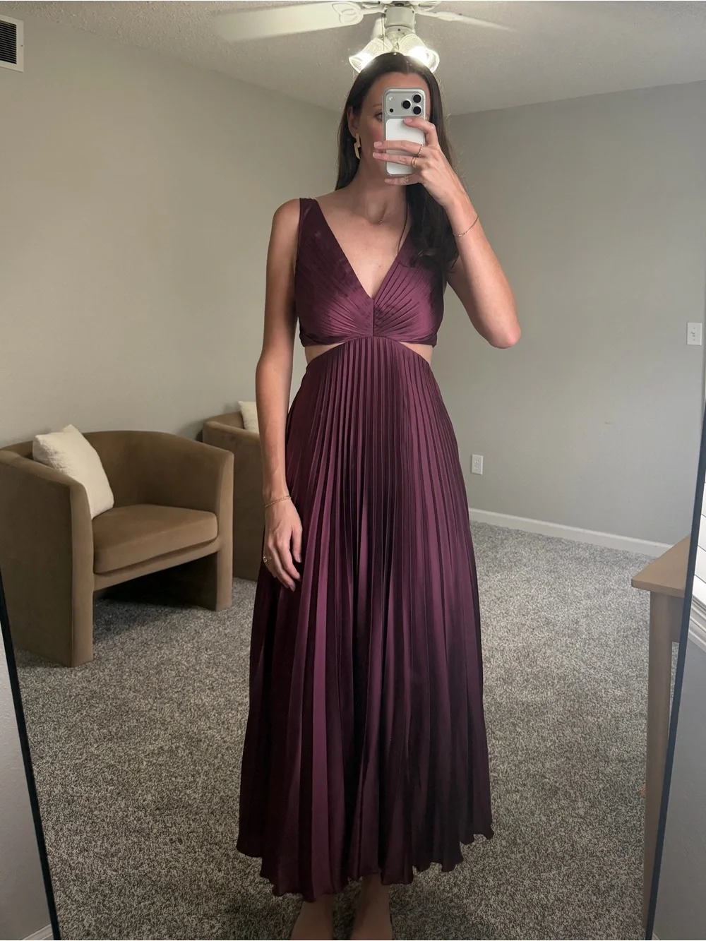 Abercrombie & Fitch Burgundy V-Neck Pleated Maxi Dress